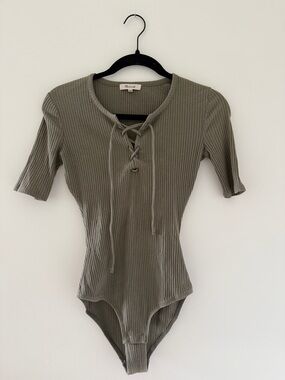 Madewell Olive Ribbed Lace-Up Scoop Bodysuit